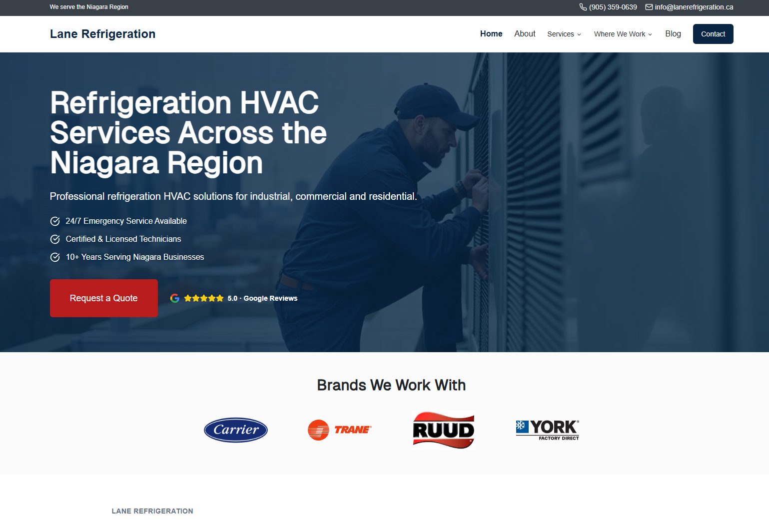 Lane Refrigeration HVAC website homepage